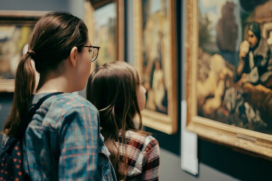 mother and daughter look at paintings in an art gallery in a museum