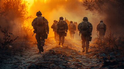 Group of warfare soldiers moving forward.