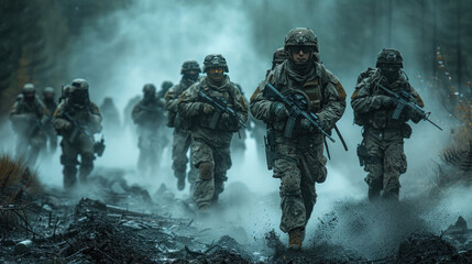 Obraz na płótnie Canvas Group of warfare soldiers moving forward.