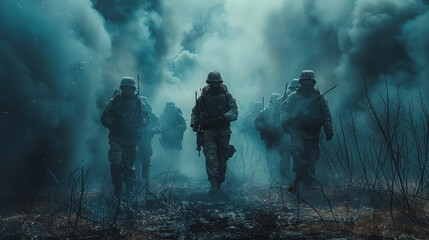 Group of warfare soldiers moving forward.
