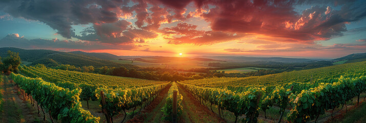 Panoramic view of lush vineyard at sunset.