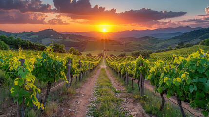 Naklejka premium Panoramic view of lush vineyard at sunset.