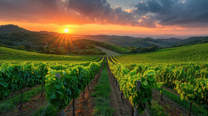 Fototapeta premium Panoramic view of lush vineyard at sunset.