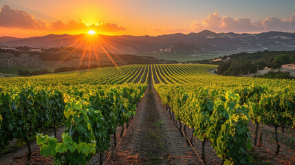Panoramic view of lush vineyard at sunset. - obrazy, fototapety, plakaty