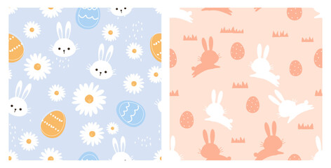 Seamless pattern with bunny cartoons, Easter eggs and daisy flower on blue background. Seamless pattern with rabbit cartoons, Easter eggs and grass on orange background vector.