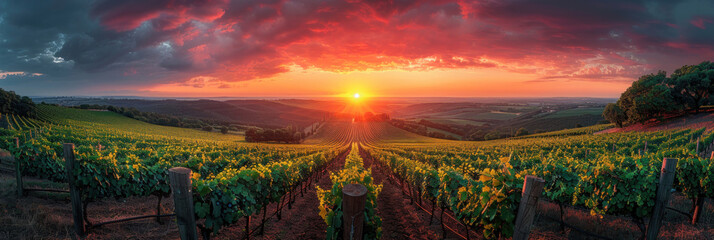 Obraz premium Panoramic view of lush vineyard at sunset.