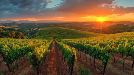 Naklejka premium Panoramic view of lush vineyard at sunset.
