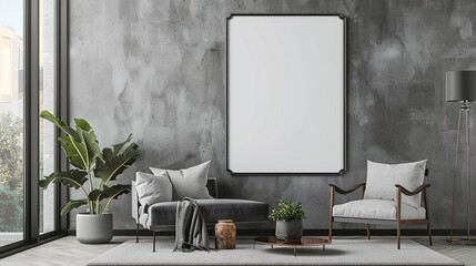Blank white frame on the grey wall living room background. Frame for mockup.