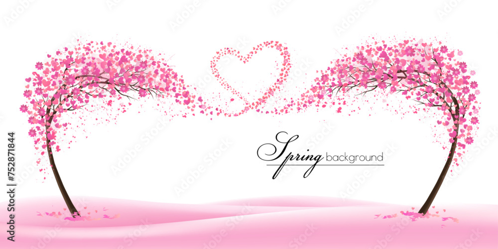 Aufkleber Spring Natural background with stylized trees representing the season - spring. Trees with spring flying flowers collected in the shape of a heart. Vector.