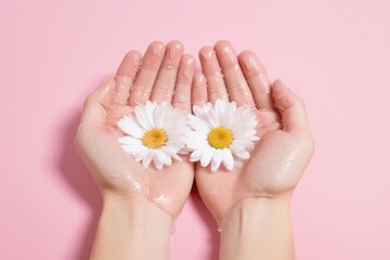Top view Hands of a young girl holding chamomile flowers in water on a pink background.