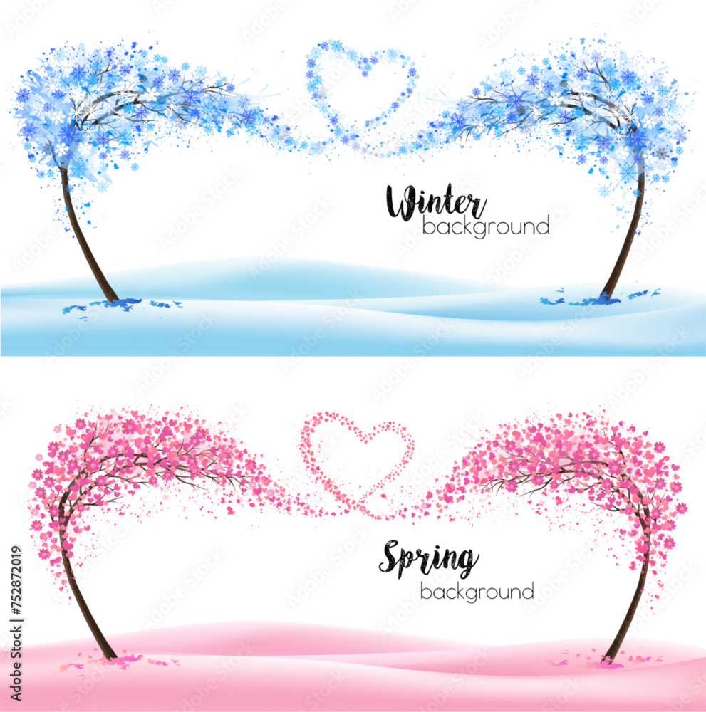 Leinwandbilder two season nature backgrounds with stylized trees representing a seasons - winter and spring. trees 