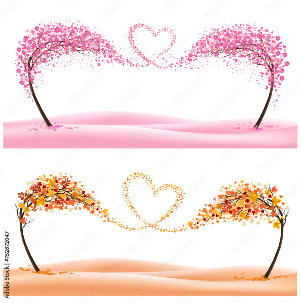 Fototapete two season nature backgrounds with stylized trees representing a seasons - spring and autumn. trees 