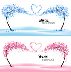 Two season nature backgrounds with stylized trees representing a seasons - winter and spring. Trees with flying snowflakes and spring flowers collected in the shape of a heart. Vector. - 752872019