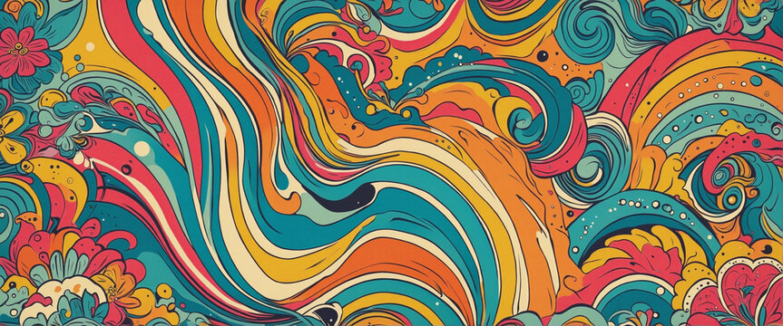 Abstract psychedelic tie dye illustration set with colorful LSD trippy shapes in retro art style. 60s hippie or trendy concept poster background design.