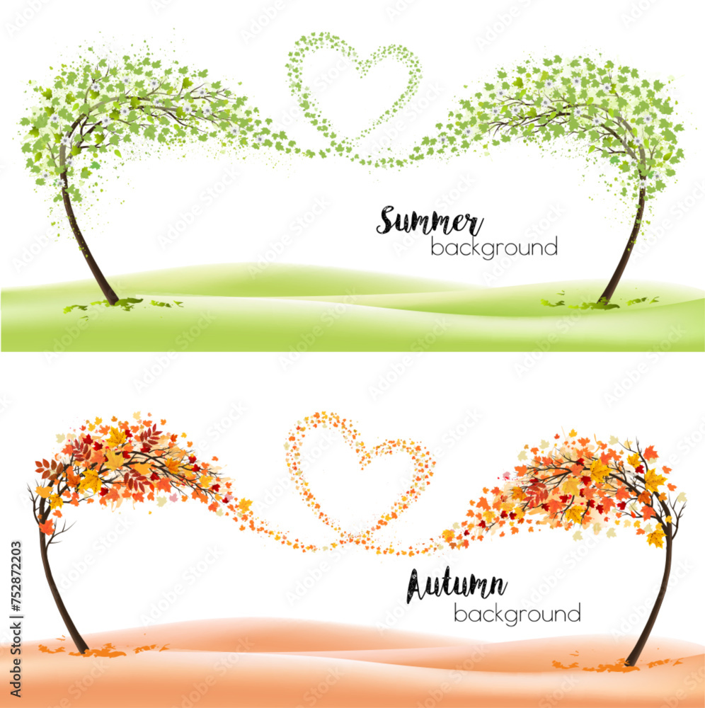 Poster two season nature backgrounds with stylized trees representing a seasons - summer and autumn. trees 