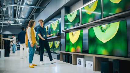 Young Female Shopper Having Conversation with Electronics Store Sales Rep. Stylish Lady Explores...