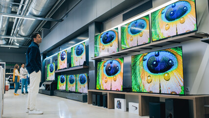 Portrait of a Stylish Man Looking at a Variety of Modern Smart TV Sets with High Quality Resolution...