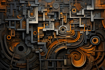 abstract technology background with gears and shapes, grey color