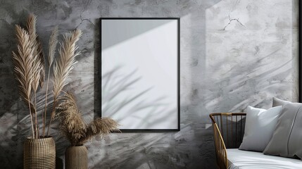 Blank white frame on the grey wall living room background. Frame for mockup.