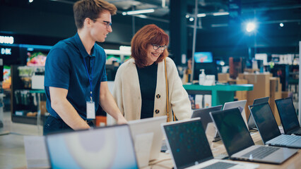 Portrait of a Pensioner Female Customer Seeking Expert Advice from a Retail Home Electronics Specialist for Laptop Purchase. Senior Woman Explores Modern Computer Technology Options