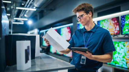Young Sales Manager in Home Electronics Store Expertly Manages Operations Using Tablet Computer....