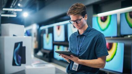 Portrait of Sales Representative in Home Electronics Store Using Tablet Computer for Online...