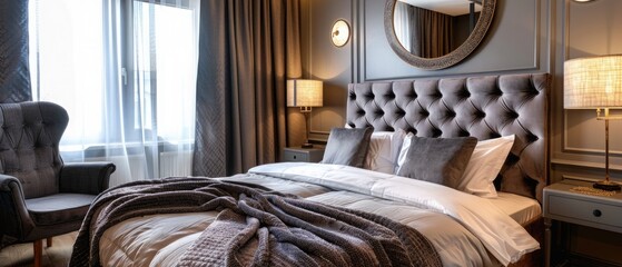Stylish bedroom interior with large comfortable bed, armchair and mirror