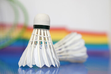 Fototapeta na wymiar Badminton shuttlecocks on racket. Blurred rainbow colors background. Concept, sport, exercise, recreation activity for good health. Popular sport for all genders and LGBTQ+ worldwide. 