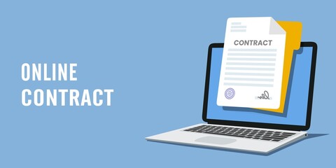 Firma di un documento online nel computer. Concetto di firma elettronica. Firma digitale, contratto elettronico, firma elettronica. Illustrazione  in design piatto per aziende, banner web,  