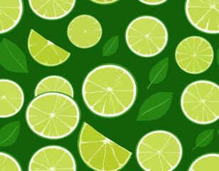 Colorful whole, half and slice lime with green leaf. Vector