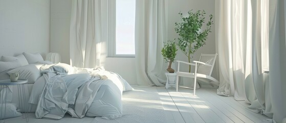 Stylish bedroom in white color. Scandinavian interior design. 3D illustration