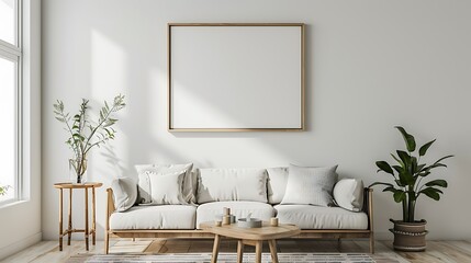 Blank white frame on the white wall living room background. Frame for mockup.