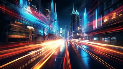 Neon light trails, dynamic motion, city at night