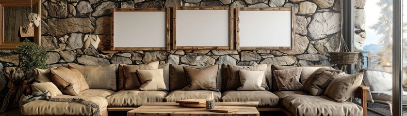 Rustic Cabin Living Room with Stone Wall and Forest View
