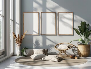 Bright Minimalistic Room with Wooden Bench and Frames