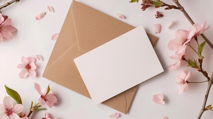 Minimalistic card mockup with cherry branch, flower, craft envelope, blossom, flat lay, top view,generative ai,