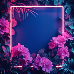 neon frame illuminates a flowers, creating a modern and natural aesthetic, empty mockup