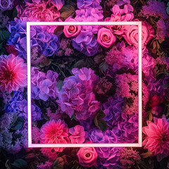 neon square illuminates a vibrant bouquet of roses, highlighting nature’s beauty amidst darkness, empty mockup