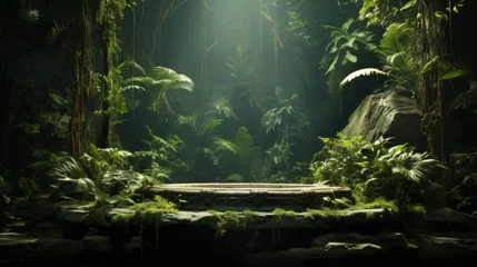 Papier Peint photo Kaki Polished podium in a tropical rainforest, exotic and lush