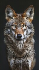 Fototapeta premium a haardwolf close-up portrait looking direct in camera with low-light, black backdrop 