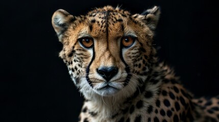 a cheetah close-up portrait looking direct in camera with low-light, black backdrop - obrazy, fototapety, plakaty