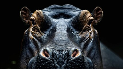 an hyppopotamus close-up portrait looking direct in camera with low-light, black backdrop  - obrazy, fototapety, plakaty