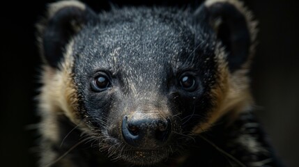 an honey badger close-up portrait looking direct in camera with low-light, black backdrop