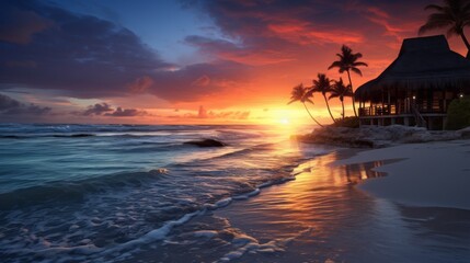Tranquil beach at sunrise, serene vacation spot