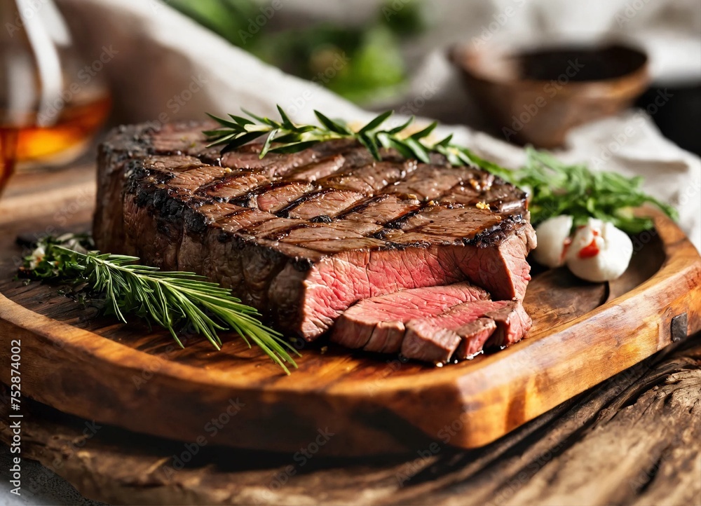 Wall mural Delicious juicy slice of meat, beef, pork on wooden plate,  blurred background, close up, macro