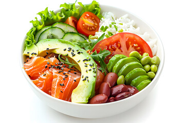 Healthy poke bowl salad meal of Salmon, avocado, cucumber, tomato, beans and rice on white background - Powered by Adobe