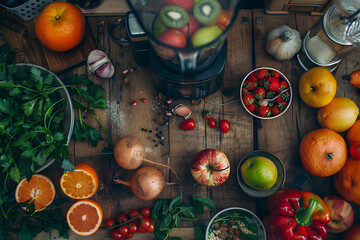 Top view of a blender and fresh fruits and vegetables on a kitchen table