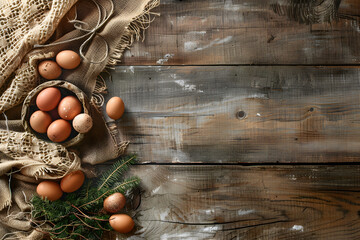 Cardboard package container of fresh brown eggs on rustic wooden table
