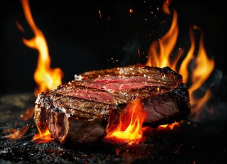 Delicious juicy grilled medium rar beef steak in fire with free space for text on black background