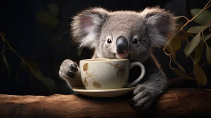 Zelfklevend Fotobehang A koala holding a cup, as if savoring a drink, portraying contentment © Anuwat